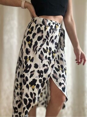 High-Low Leopard Wrap Skirt in White, Black & Gold